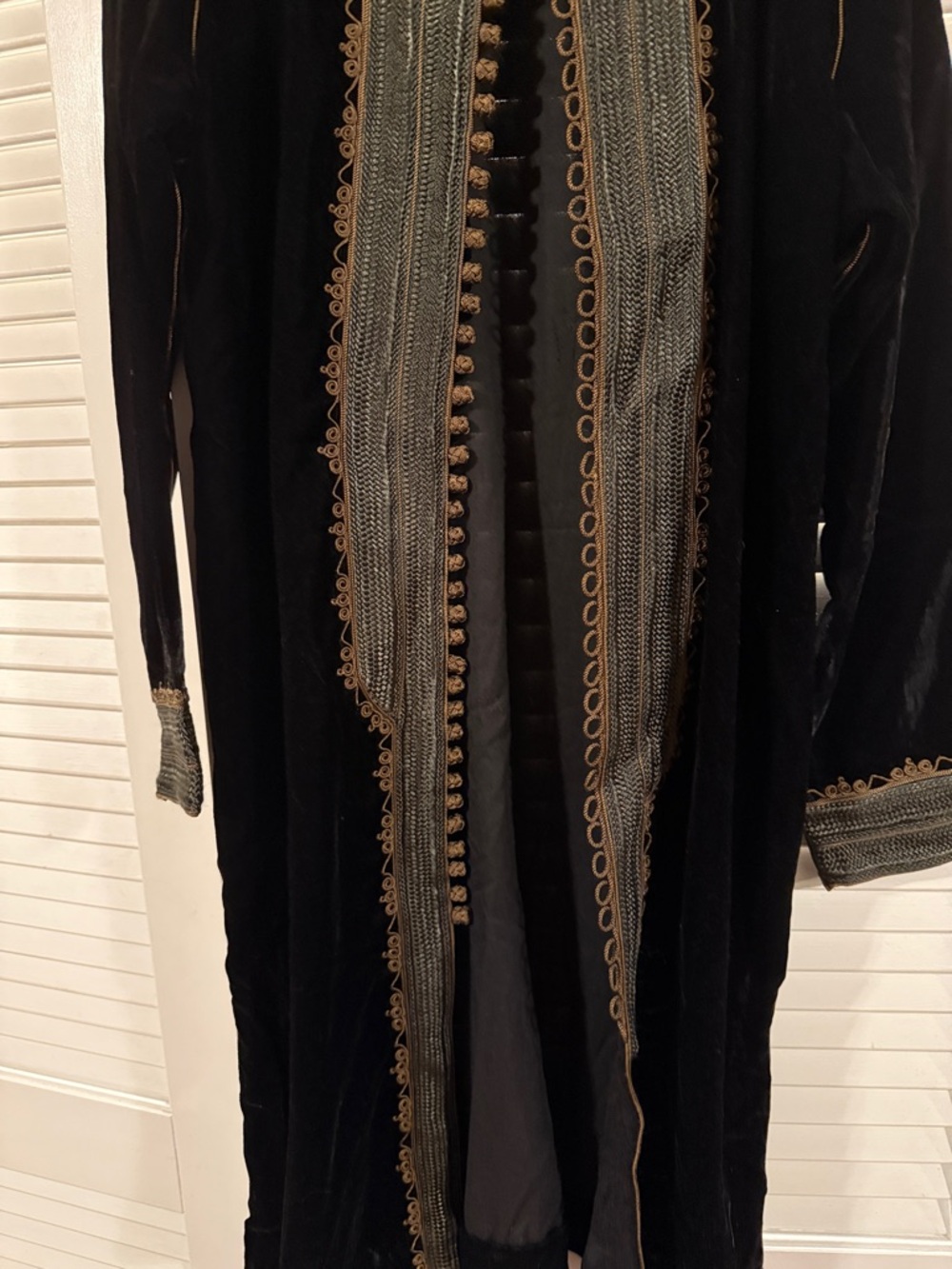 Black Velvet Long Coat with Ornate Gold-Tone Trim - Picture 5 of 16